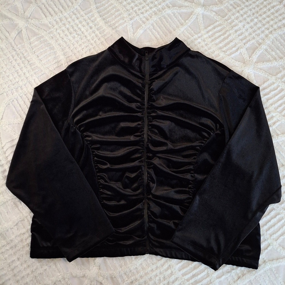 Ashley Sport Womens Plus Size 22/24 Black Velour Ruched Zip Up Mock Neck Jacket